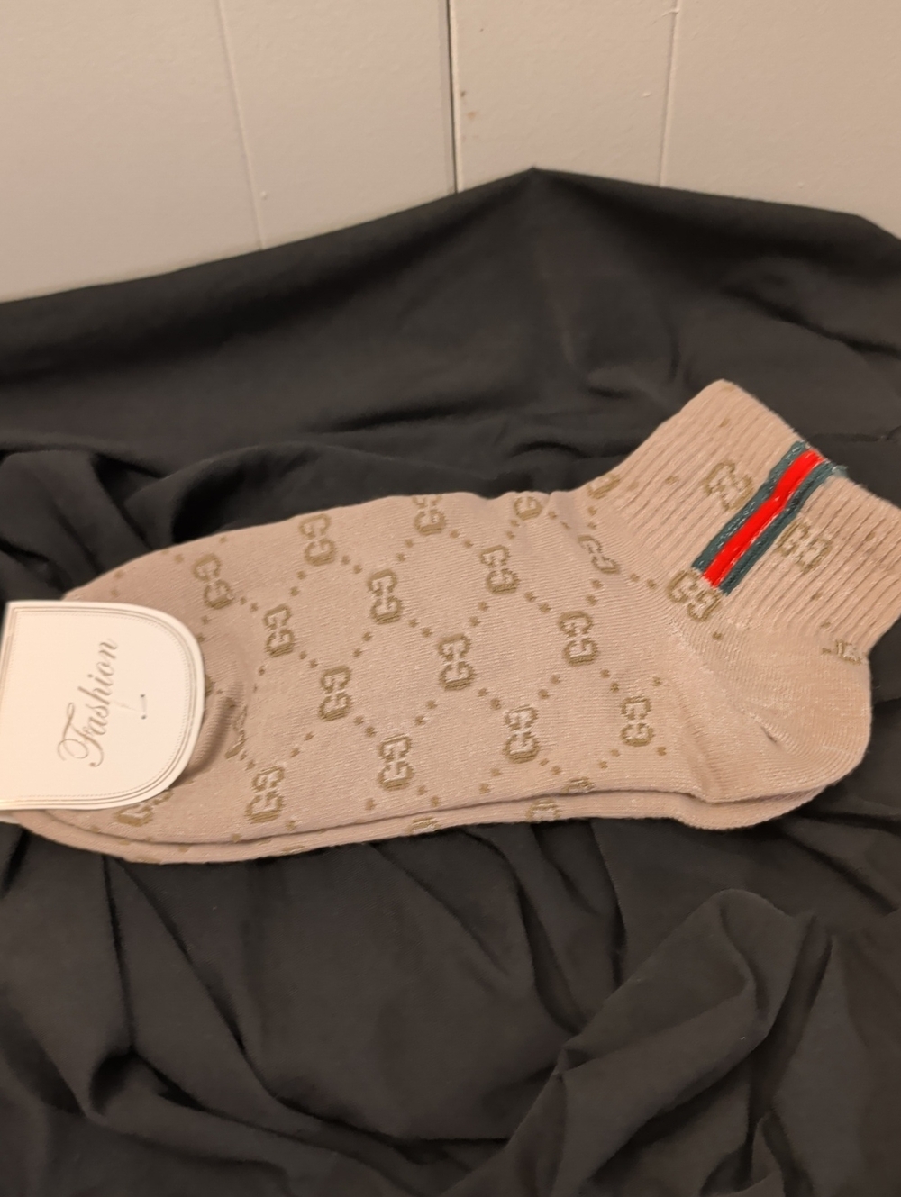 Designer-Inspired Beige Ankle Socks with Logo Pattern